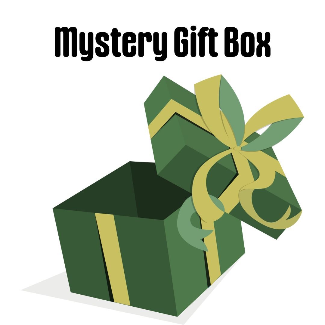 white background with green gift box "$50 Mystery gift box" in black text.