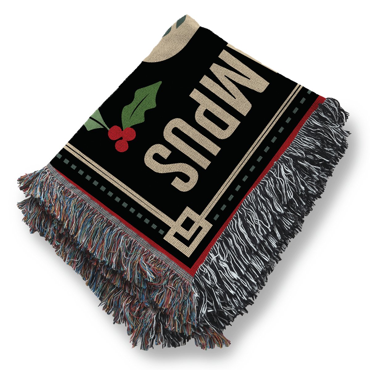 a woven tapestry style blanket with a merry krampus design printed on it