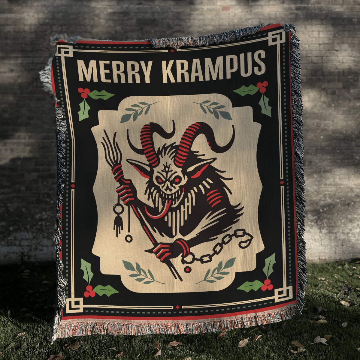 a woven tapestry style blanket with a merry krampus design printed on it