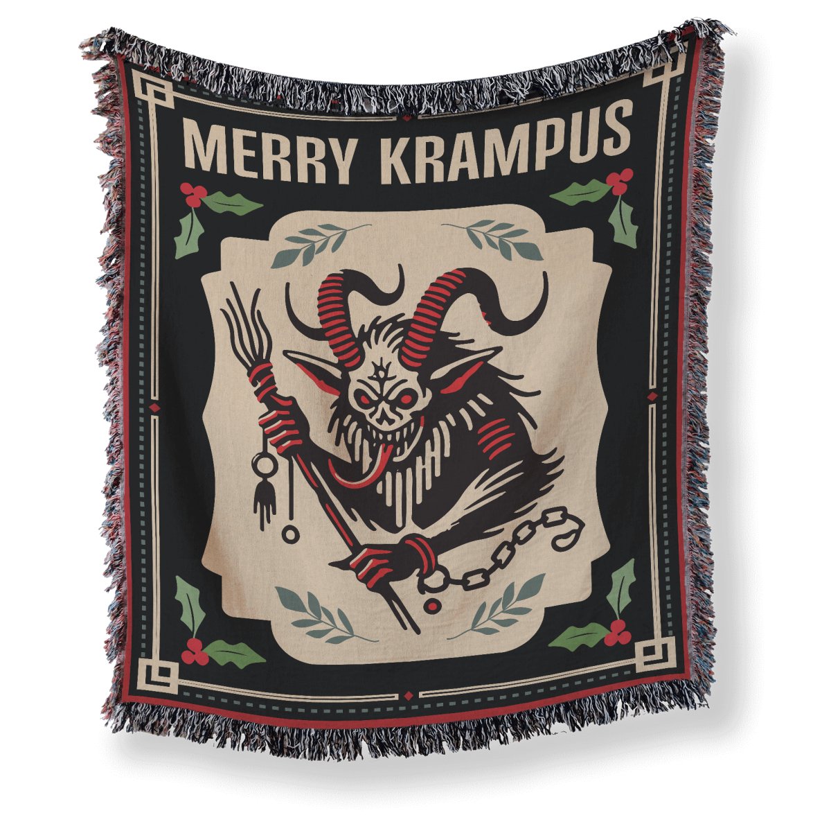 a woven tapestry style blanket with a merry krampus design printed on it