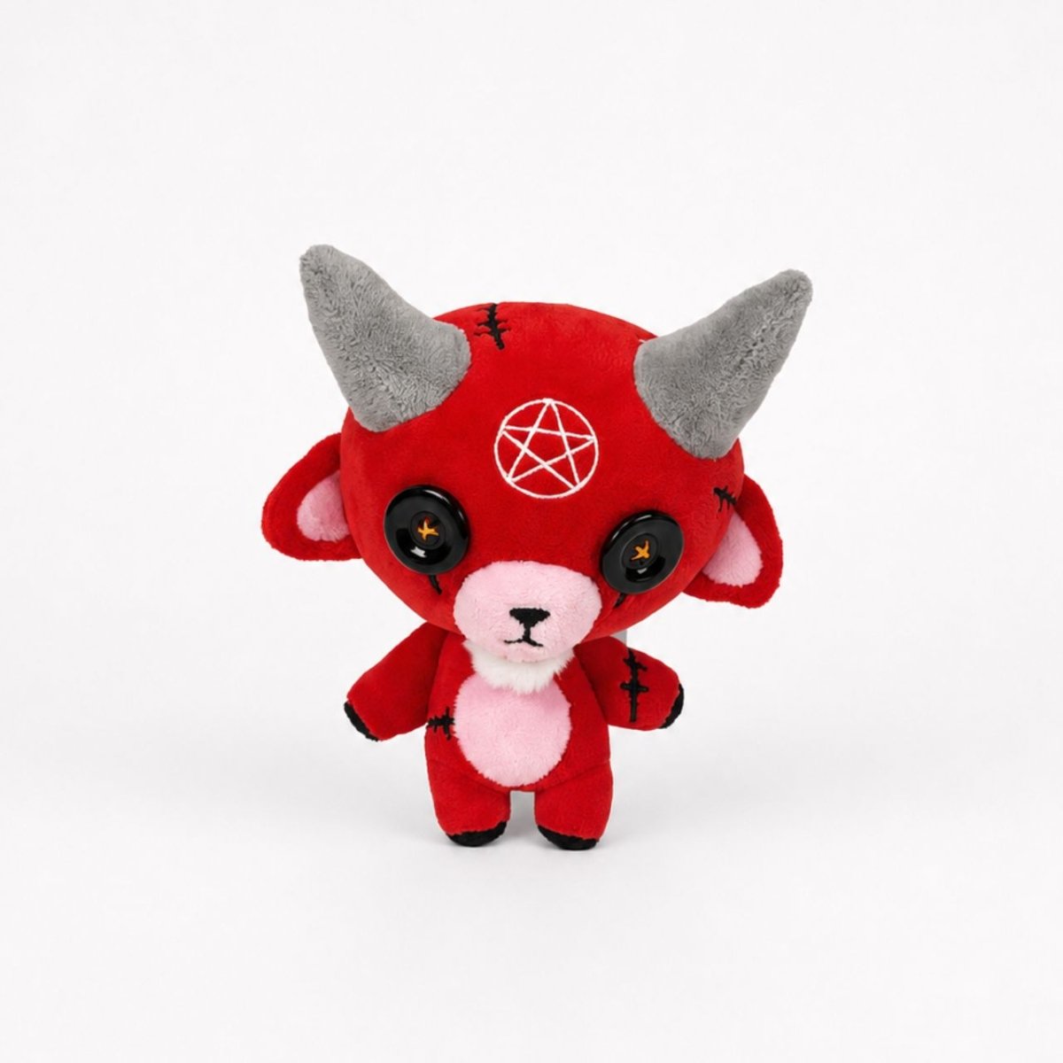 Lucibaa the red demon goat plush toy with horns and a pentagram symbol on a white background