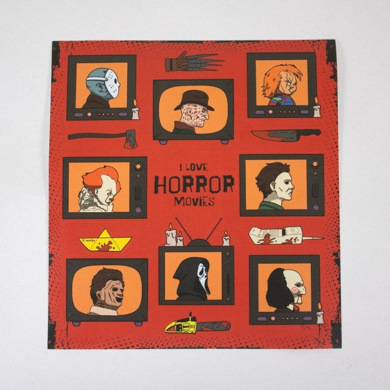 Sticker sheet with horror movie-themed design on a red background