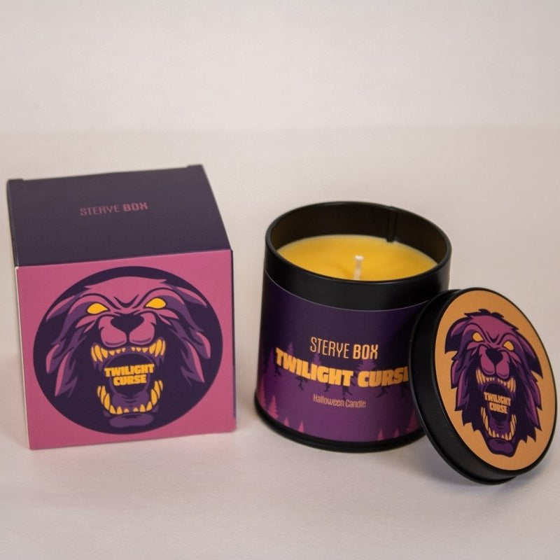 Candle with packaging featuring a Werewolf design on a white background