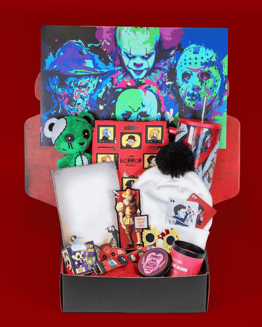 red background image with horror mystery box items showcased inside a box