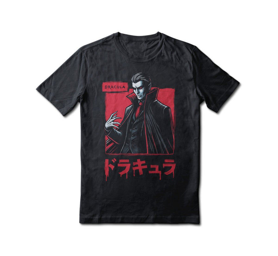 a dracula t-shirt red design printed on a black t-shirt
