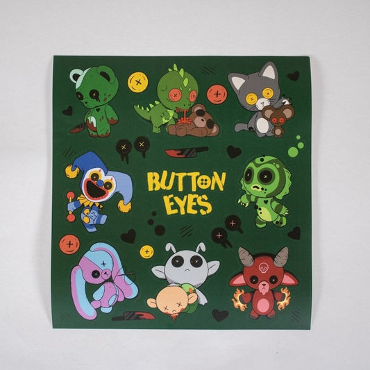 Sticker sheet with Original buttoneyes horror cartoon characters and 'Button Eyes' text on a green background