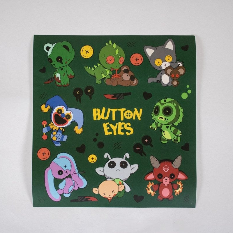 Sticker sheet with Original buttoneyes horror cartoon characters and 'Button Eyes' text on a green background