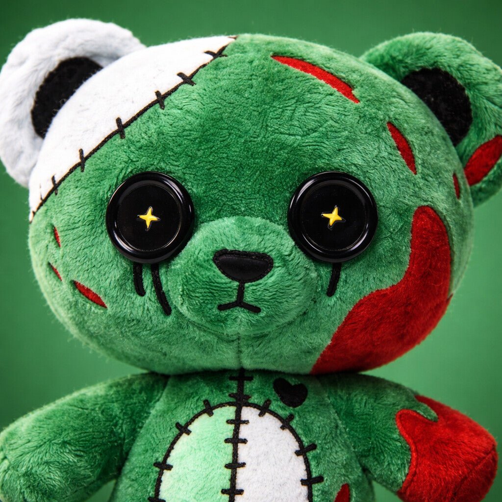 Green teddy bear with red accents and black eyes on a green background