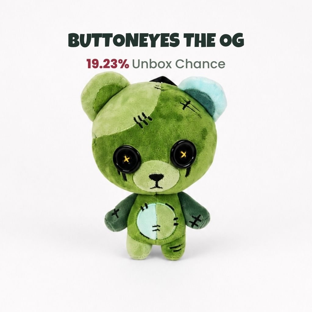 ButtonEyes the Original Green Bear plushie with black button eyes and stitched green patchwork design