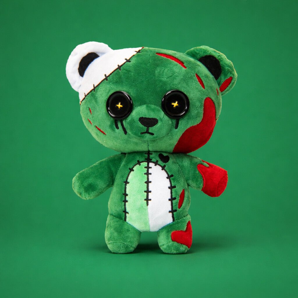 Green plush toy with zombie design on a green background