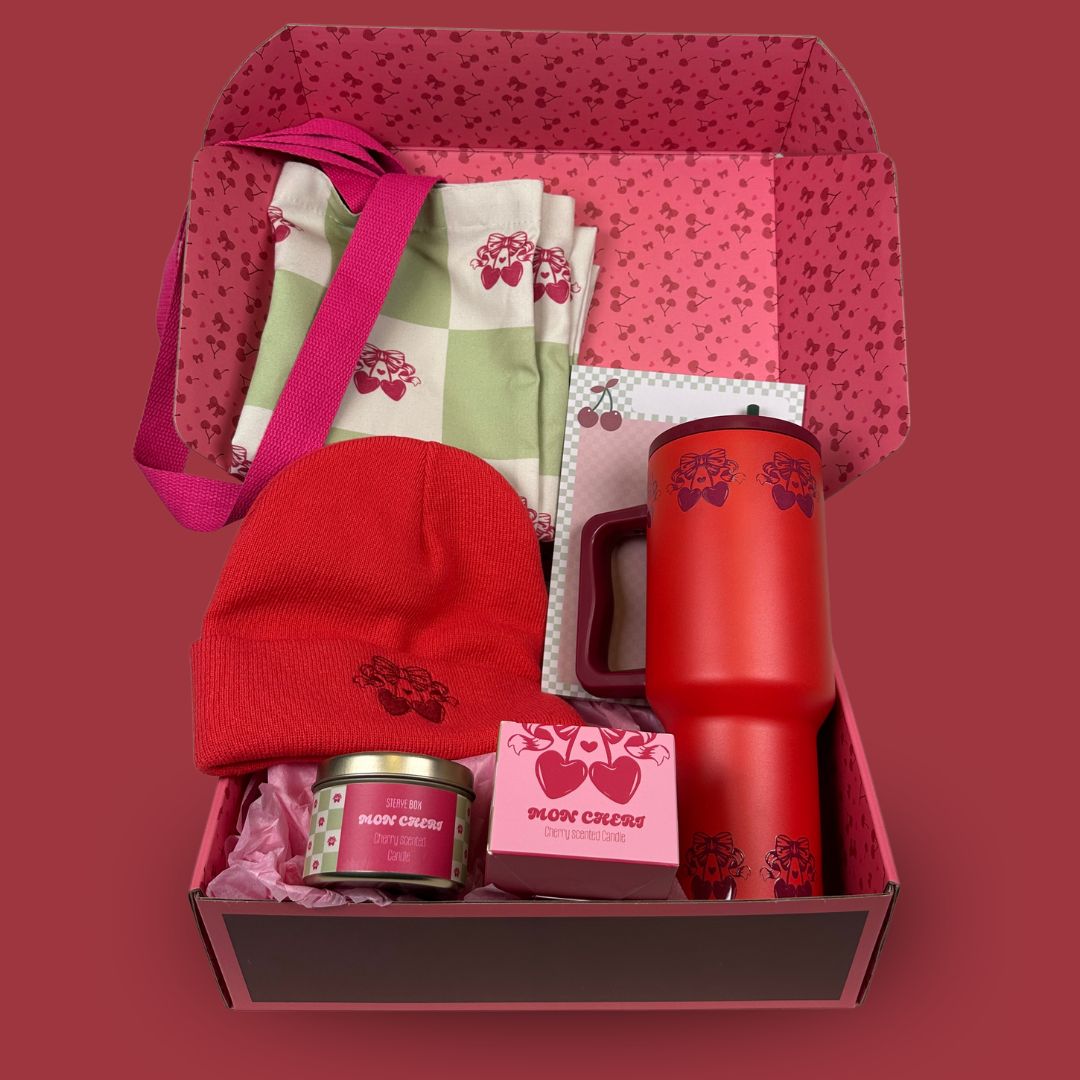 cherry colored background with 5 cherry themed inside in a box