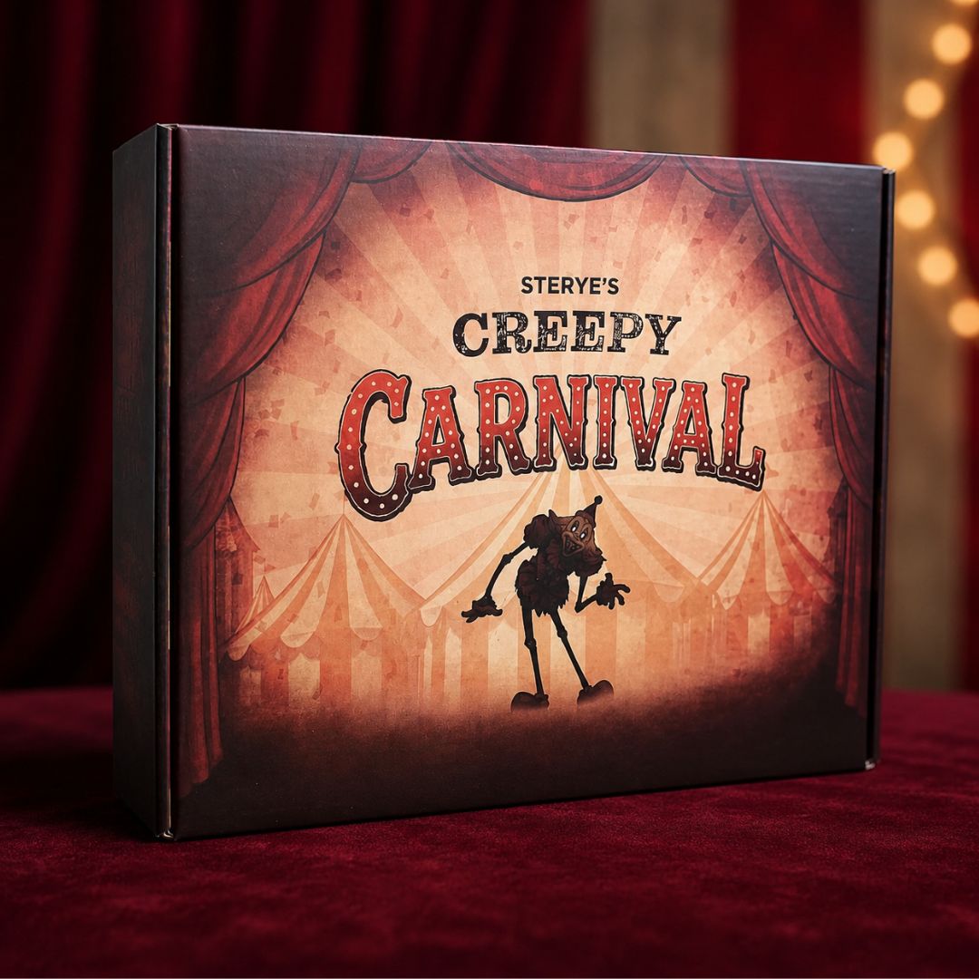 A boxed product labeled 'STERYE'S CREEPY CARNIVAL' standing on a red velvet surface with a red curtain backdrop and warm string lights in the background. The box art shows red curtains, circus tents, and a black silhouette figure.