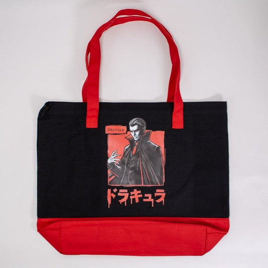 Black tote bag with Horror dracula design, red handles and a graphic design on a white background