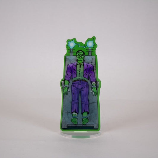 Green and purple Frankenstein figure on a white background