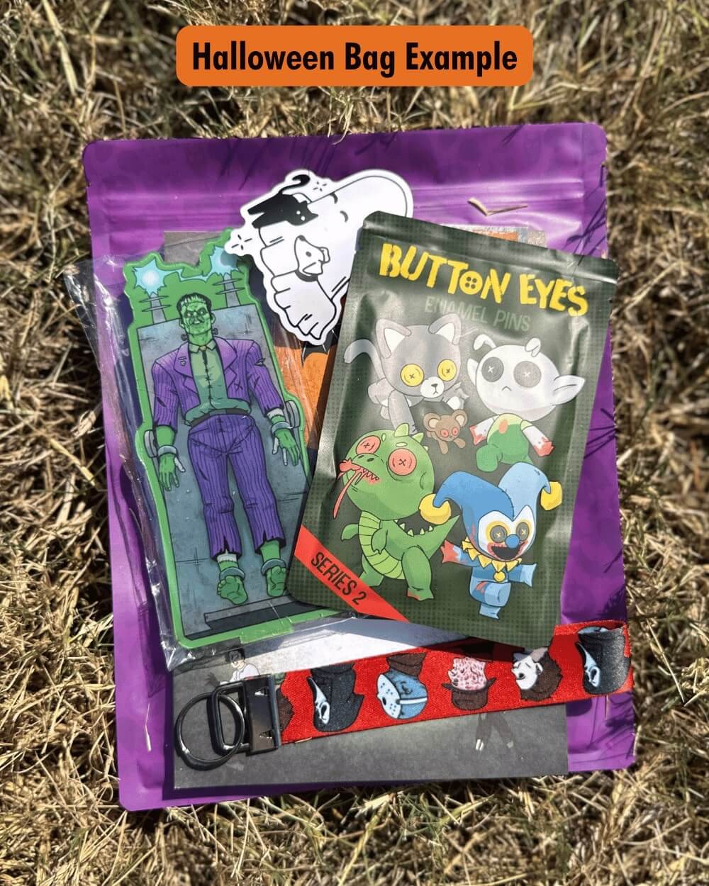 Halloween-themed product packaging with cartoon characters on a purple bag.