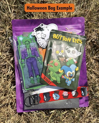 Halloween-themed product packaging with cartoon characters on a purple bag.