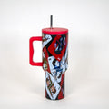 Horror tumbler with playing card design on a white background