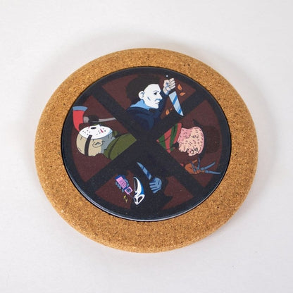 Round cork coaster with artistic horror design on a white background