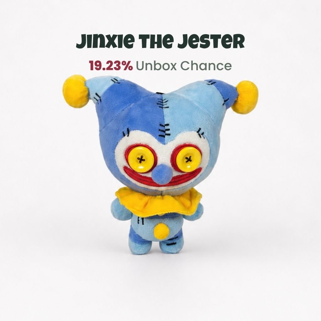 Jinxie the Jester ButtonEyes plushie with blue patchwork body, yellow button eyes, and spooky clown details