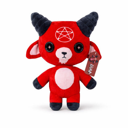 red goat with black horns and buttoneyes named "Lucibaa" with devil symbol on forehead