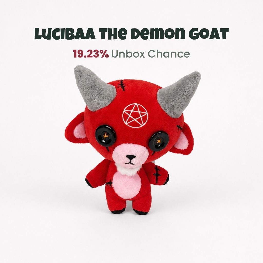 Lucibaa the Demon Goat ButtonEyes plushie with red body, gray horns, black button eyes, and pentacle forehead detail
