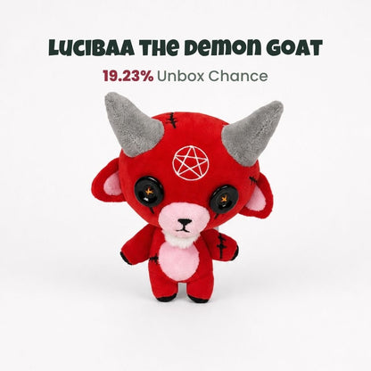 Lucibaa the Demon Goat ButtonEyes plushie with red body, gray horns, black button eyes, and pentacle forehead detail