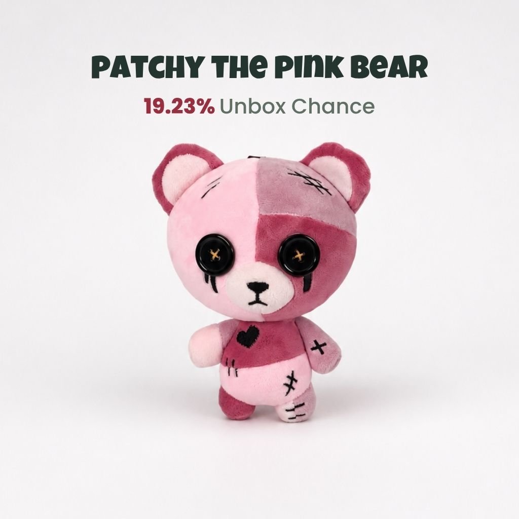Patchy the Pink Bear ButtonEyes plushie with pink patchwork body, black button eyes, and stitched details