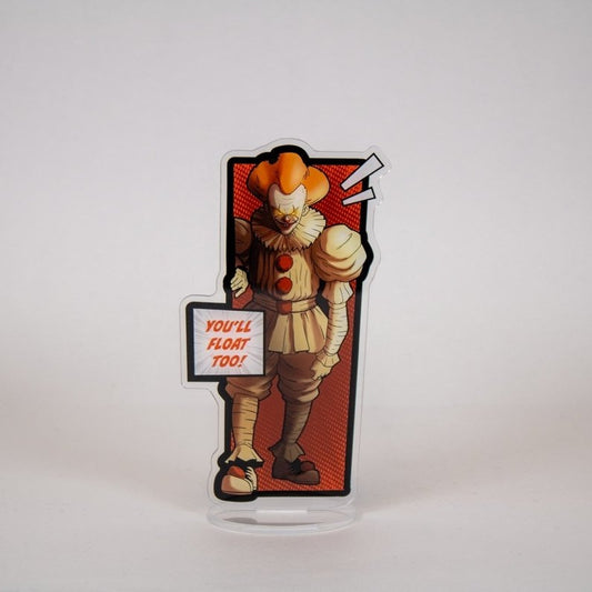 Sticker of a clown holding a sign with text "You'll Float Too!" on a white background