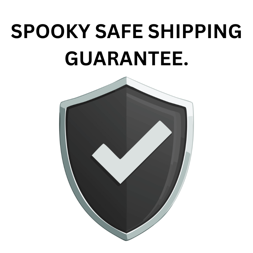 white background with black shield and black text "Spooky Safe shipping guarantee"