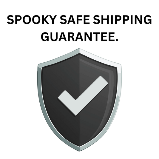 white background with black shield and black text "Spooky Safe shipping guarantee"
