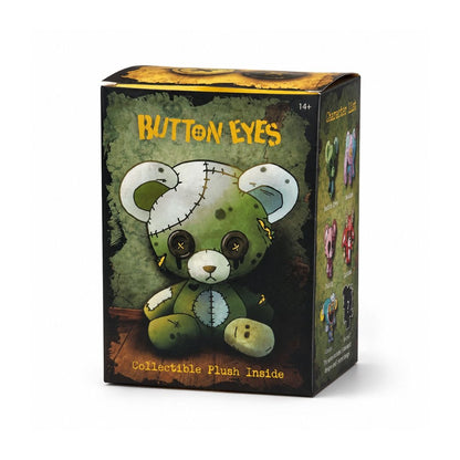 Button Eyes collectible plush toy mystery box packaging, featuring a green stitched teddy bear illustration on a dark textured background with yellow text.