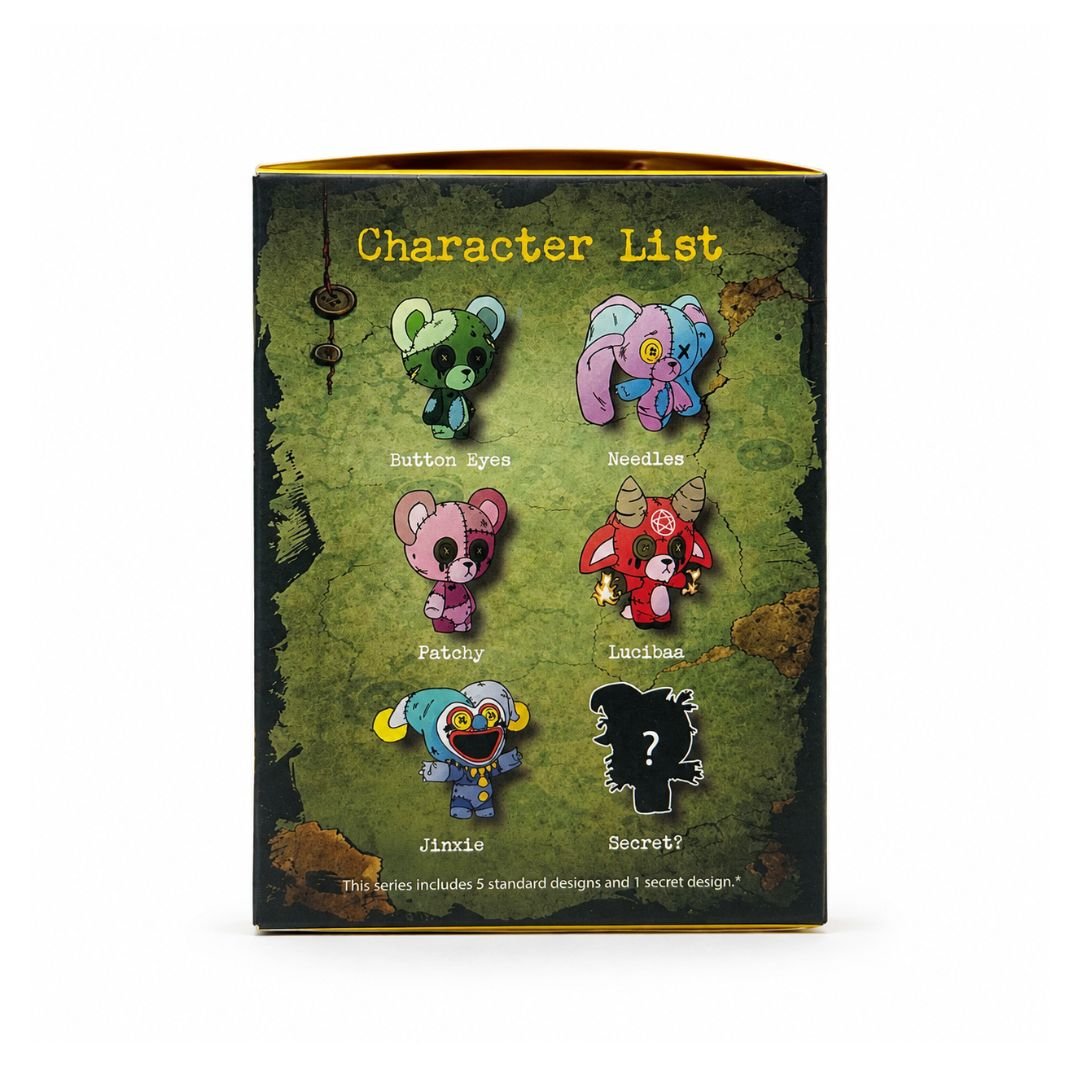 A collectible blind box featuring a 'Character List' design. The box displays six cartoon character pins (Button Eyes, Needles, Patchouli, Linibias, Jinxie, and a Secret) on a green map background.