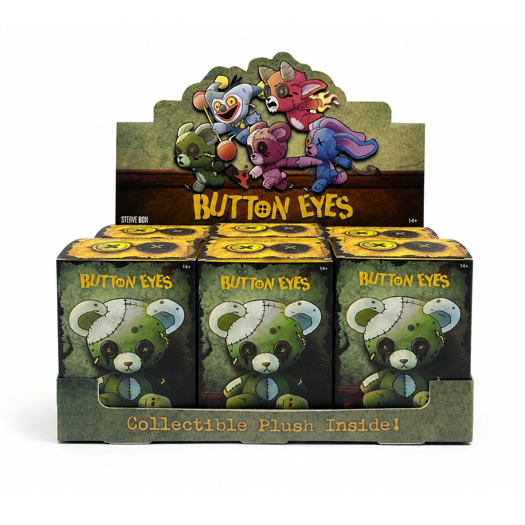 A retail display box filled with ButtonEyes collectible plush blind boxes. The display features a large illustrated header card showing several colorful plush characters, with three individual boxes visible in the front.