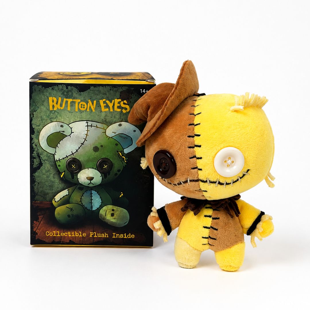 A rare scarecrow blind box plush toy doll with a stitched face and button eye, standing next to its product box labeled 'BUTTONEYES' on a white background.