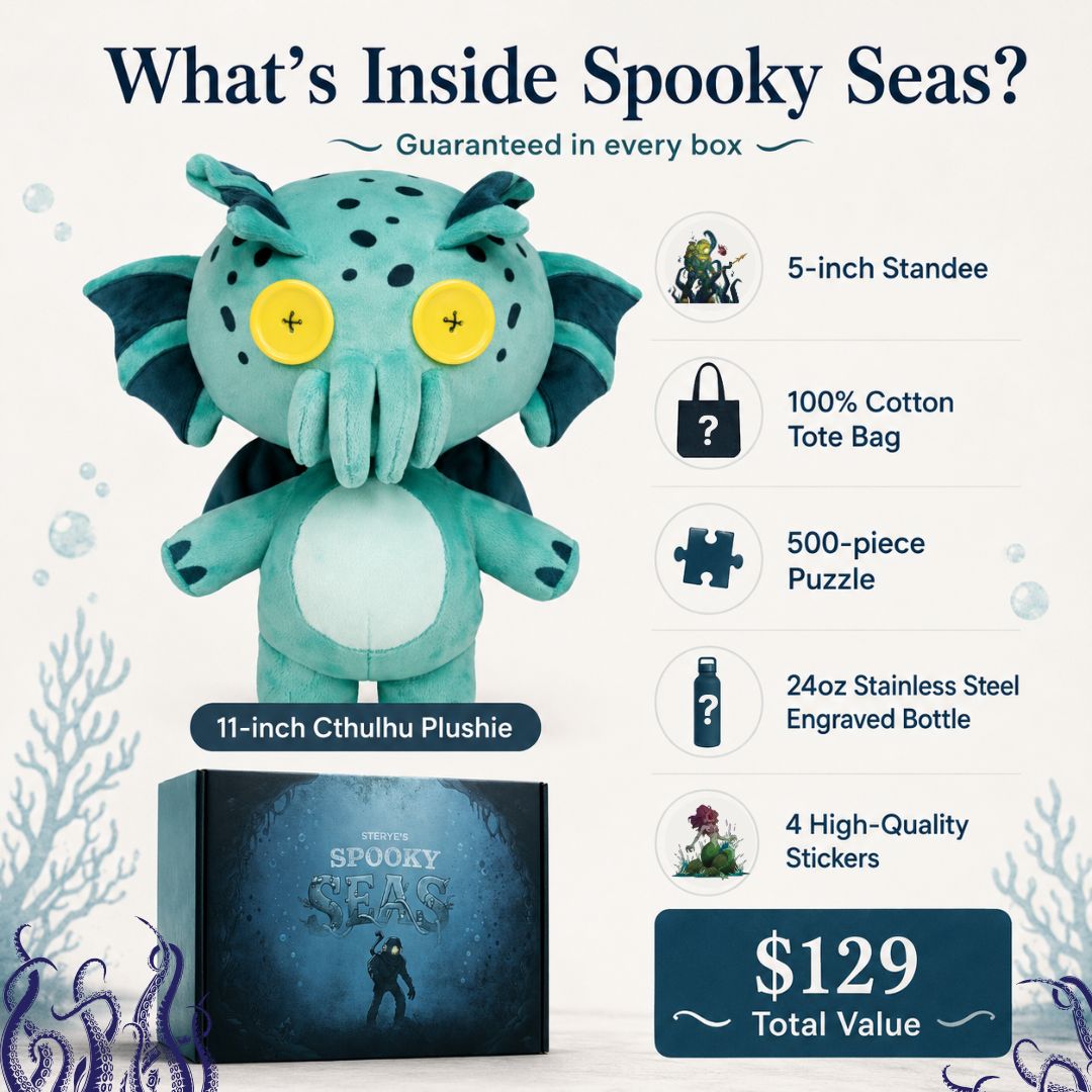 Promotional image of a 11-inch Cthulhu plushie with product contents listed and a price tag.