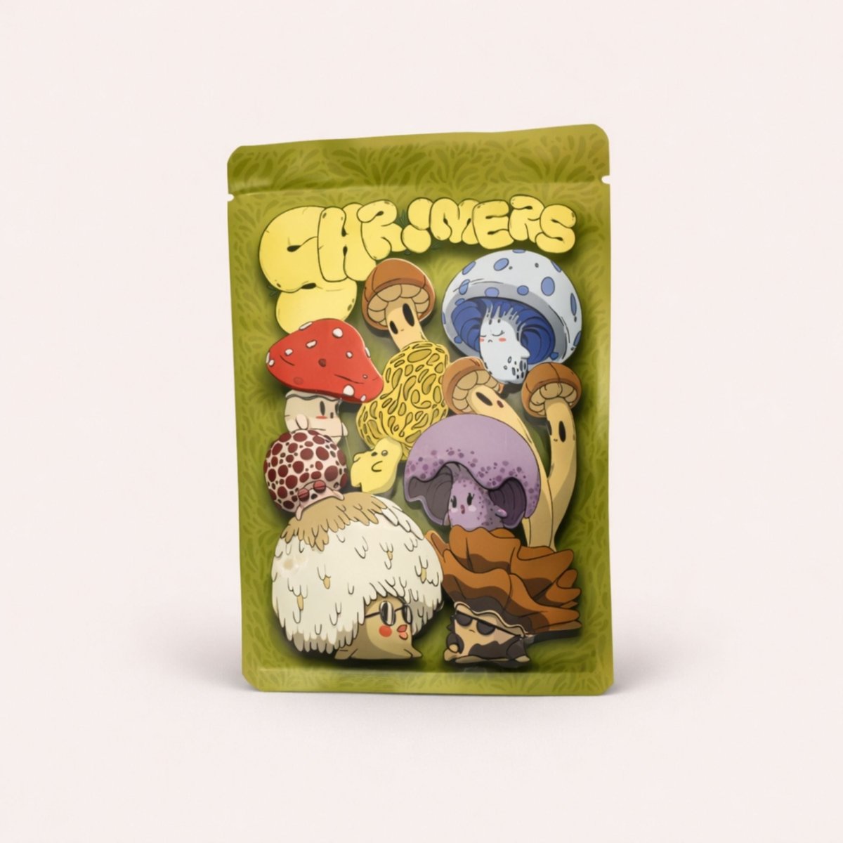 Pack of 'Shroomers' with cartoon mushroom characters on a green background