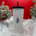 white shiver the snowman tumbler with black lid
