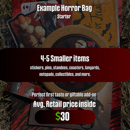 example photo of a horror mystery bag with white text "4-5 smaller items"