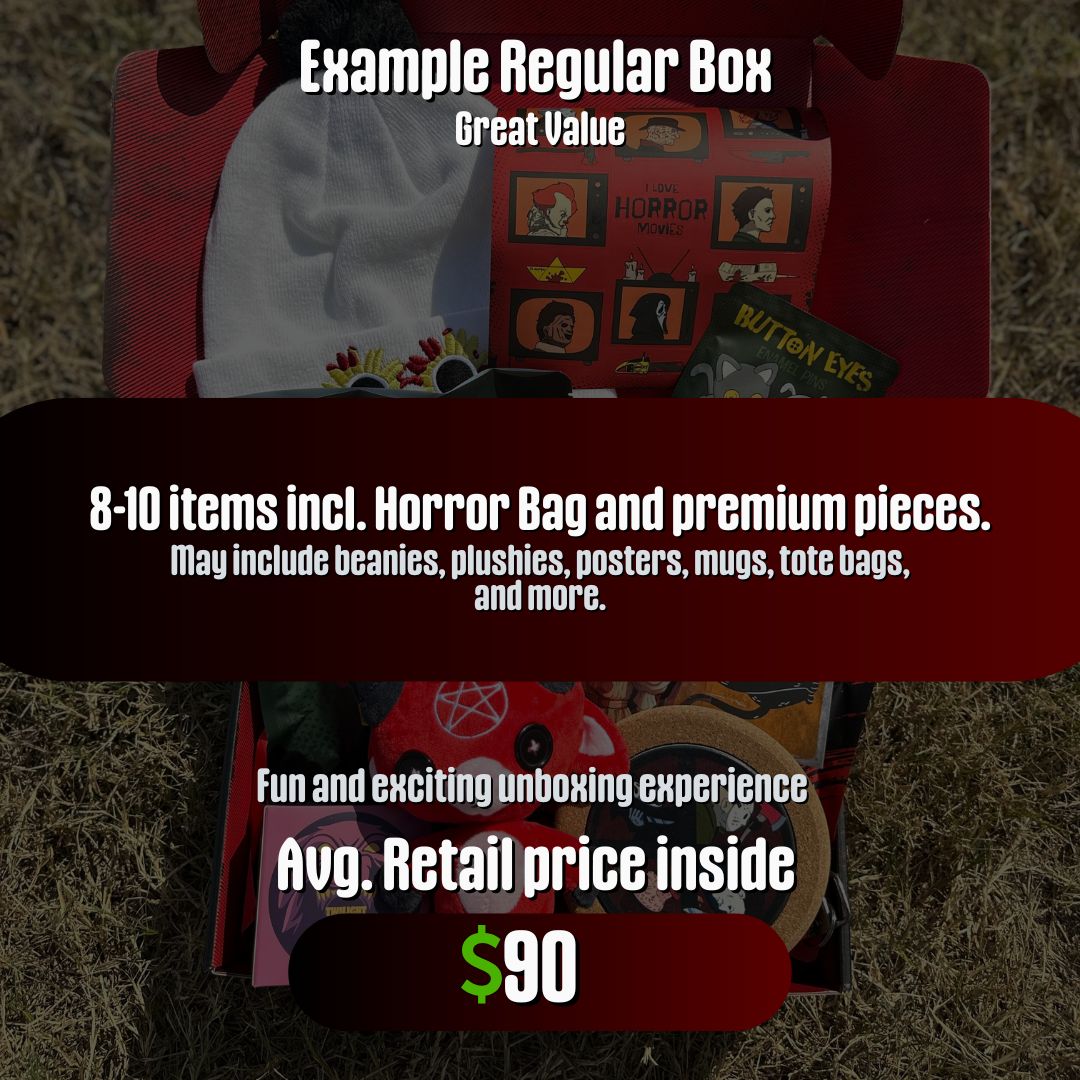 example photo of a regular horror mystery box with white text 8-10 items including horror mystery bag and premium pieces