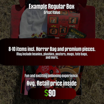 example photo of a regular horror mystery box with white text 8-10 items including horror mystery bag and premium pieces