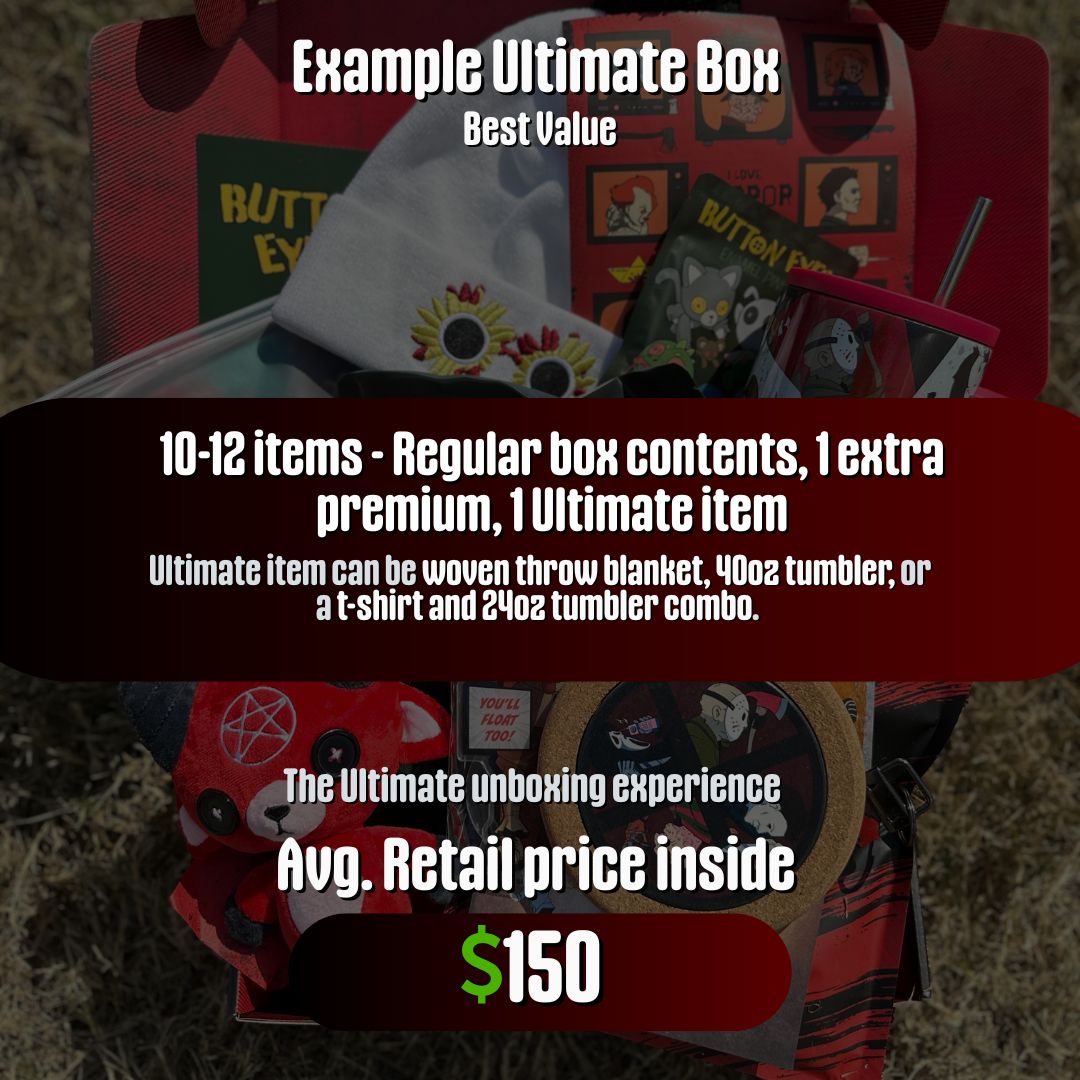 example ultimate horror mystery box with white text 10-12 items - regular box contents, 1 extra premium item, and 1 ultimate item