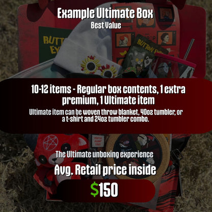 example ultimate horror mystery box with white text 10-12 items - regular box contents, 1 extra premium item, and 1 ultimate item