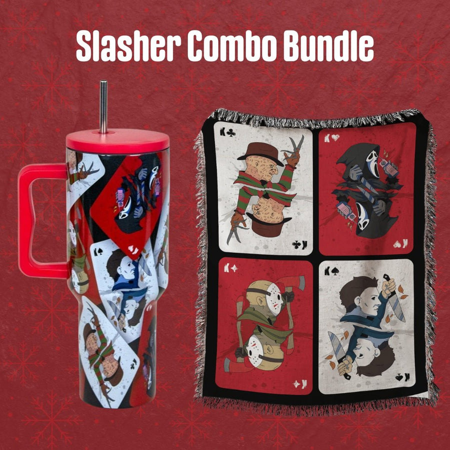 red background with white text "slasher horror bundle"