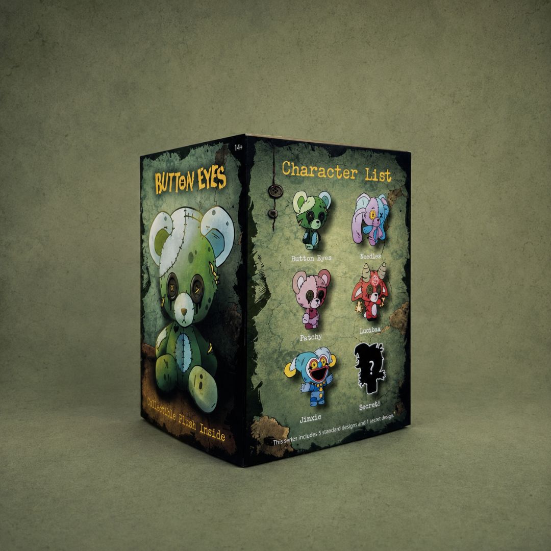 ButtonEyes plushie blind box packaging showing character list with ButtonEyes, Needles, Patchy, Lucibaa, Jinxie, and secret rare character