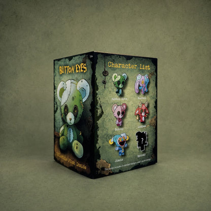 ButtonEyes plushie blind box packaging showing character list with ButtonEyes, Needles, Patchy, Lucibaa, Jinxie, and secret rare character