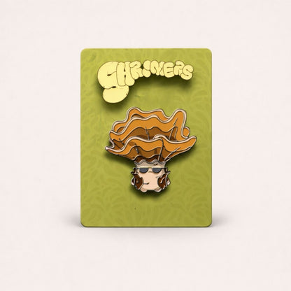 Pin with a character wearing a hat on a green card with 'Shroomers' text