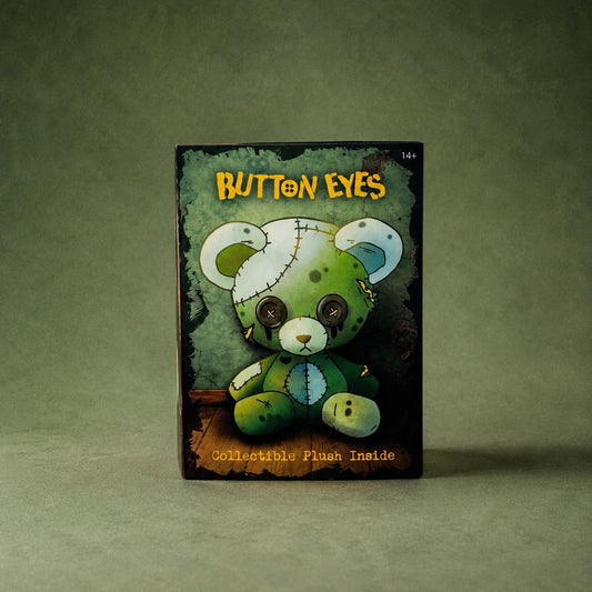 ButtonEyes plushie blind box front packaging with green stitched bear artwork and collectible plush inside text