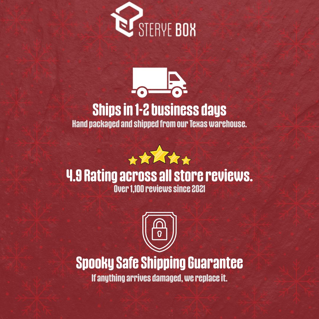 red background with spooky safe shipping guarantee text in white