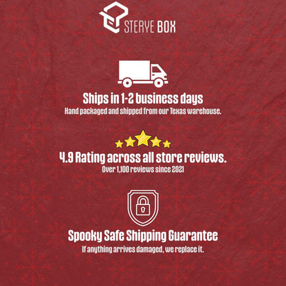 red background with spooky safe shipping guarantee text in white